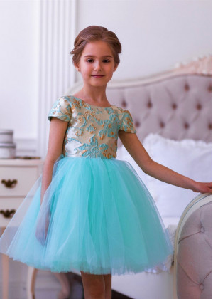 Cap Sleeves Tiffany Blue Jacquard Tulle V Back Flower Girl Dress